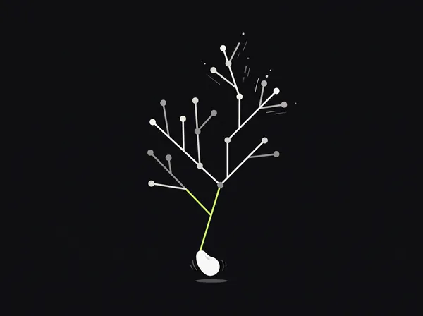 Small seed with a lime line growing into a branching structure, representing an AI product idea becoming real