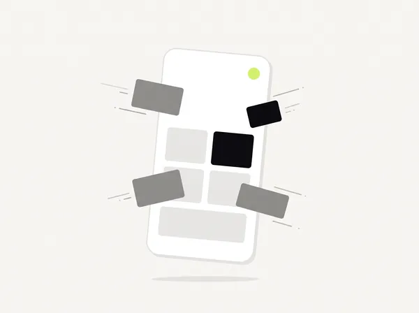 Blank app frame with shapes snapping into a clean layout, representing an AI-native app or website being built