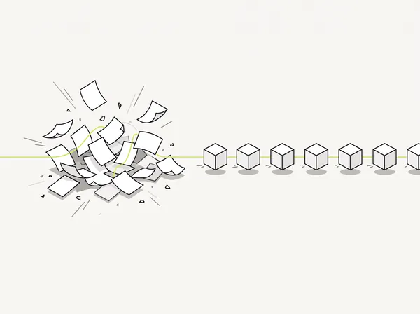 Scattered papers turning into an orderly row of cubes, representing manual work being automated