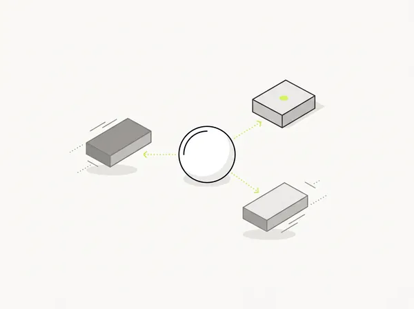 Central sphere sending dotted paths to three blocks sliding into place, representing an AI agent coordinating tasks