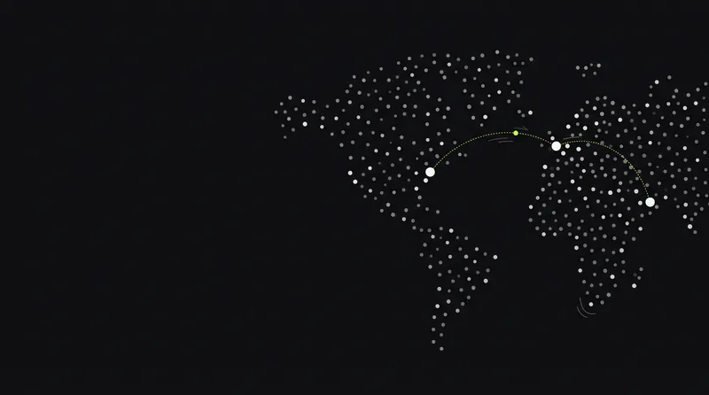 Dotted world map with a lime arc linking the UAE, the UK and the US East Coast